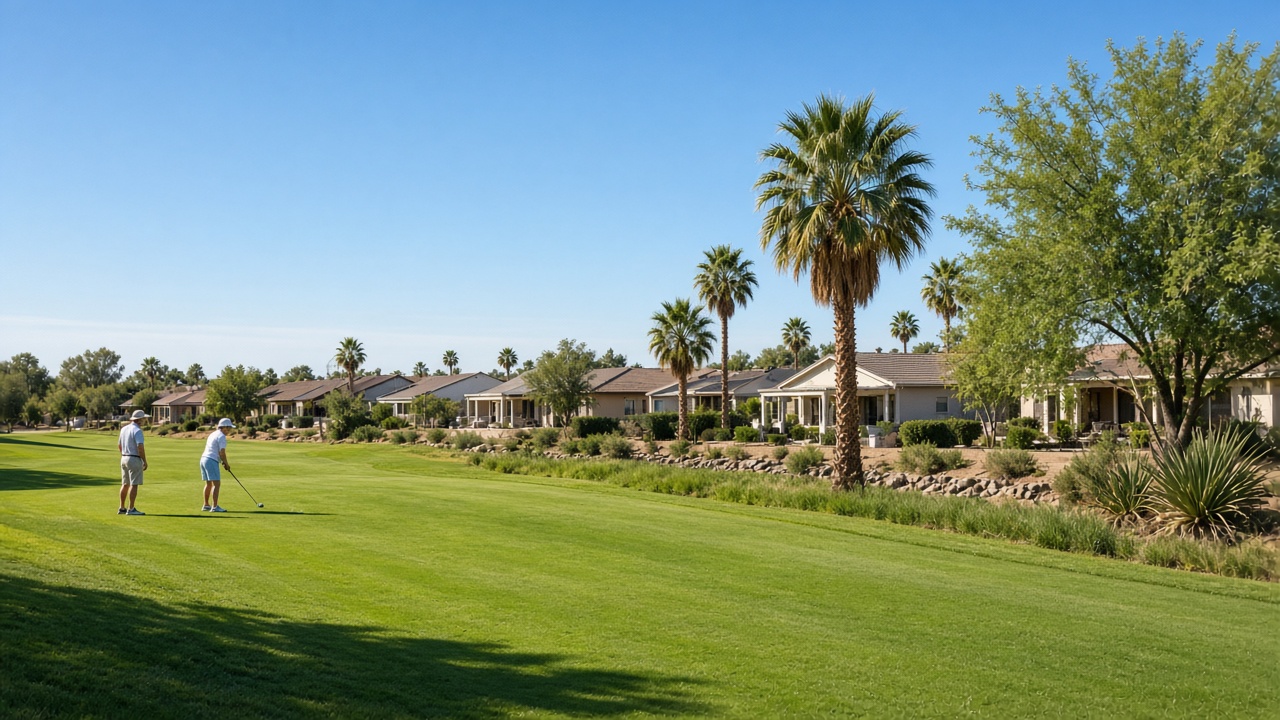 Sun City style active-adult golf community with palms and fairways